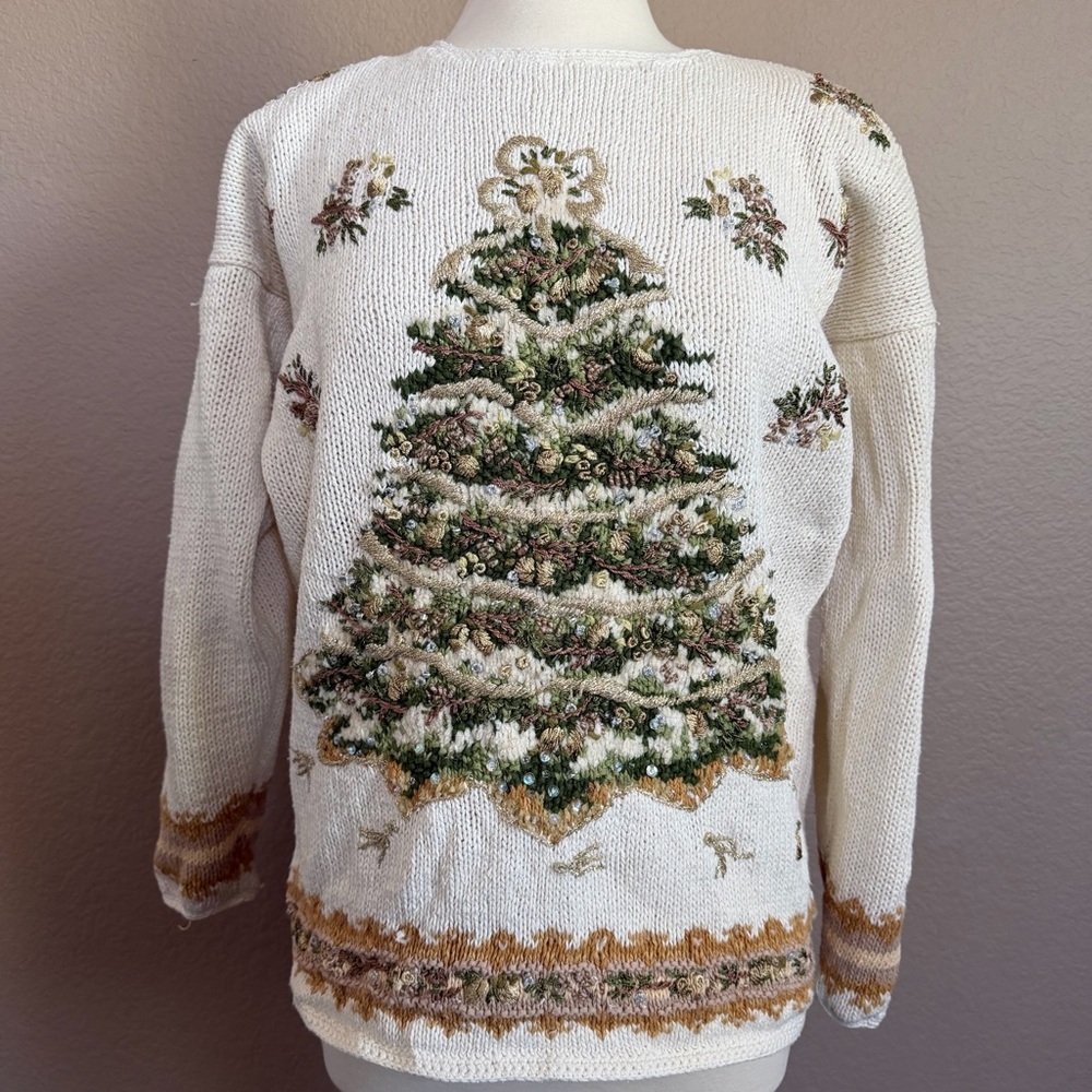 Vintage Hand-Embellished Christmas Tree Sweater – Size L - Picture 2 of 14